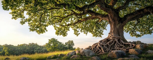 Aufkleber - Majestic tree with sprawling roots and lush green foliage in a serene landscape.