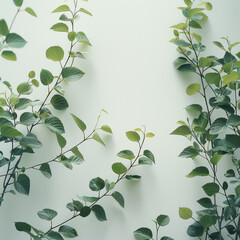 Poster - Branches with many green leaves reaching into view, on white background.