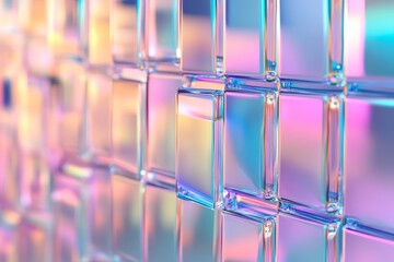 Poster - Abstract 3d background featuring iridescent glass squares with colorful neon gradient lights