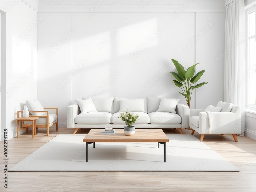 A modern living room with a simple sofa, coffee table, and potted plant ...