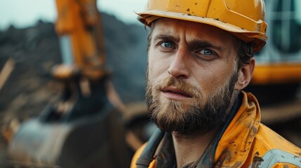 Fototapete - A worker in a hard hat and clean clothes on the background of an excavator bucket.