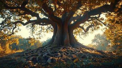 Aufkleber - Majestic tree with sprawling roots and vibrant foliage, set in golden sunlight.