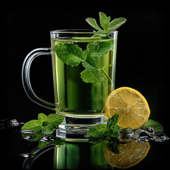 Poster - Transparent glass mug filled with a vivid green liquid, no ice or garnishes inside. Beside the mug, fresh mint leaves and a lemon slice. Black background.