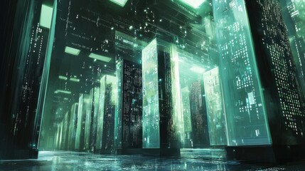 Poster - data center, showcasing rows of quantum computers with shimmering surfaces. The scene is filled with floating geometric shapes and binary codes that represent the data being processed.