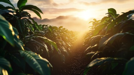 Poster - A field of green plants with a sun in the background
