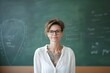© Edgars - Close-up portrait photo of a young good looking female teacher with tattoos and glasses wearing a white blouse, standing in school. Short focus. Blurred green chalkboard in background.