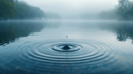 Poster - Minimalist scene of a single water droplet falling into a perfectly still lake, creating soft, The lake and sky blend seamlessly at the horizon.