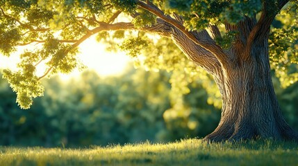 Poster - Majestic tree with lush green foliage under soft sunlight, serene nature setting.
