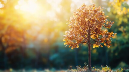 Poster - Autumn tree with golden leaves illuminated by sunlight, soft bokeh background.