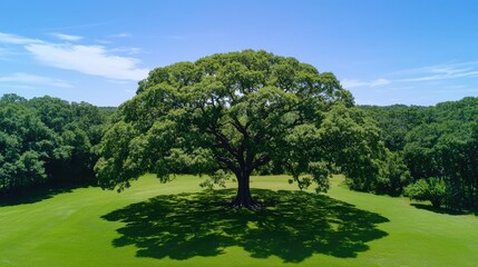 Poster - Large green tree standing alone on a lush grassy field under a clear blue sky.