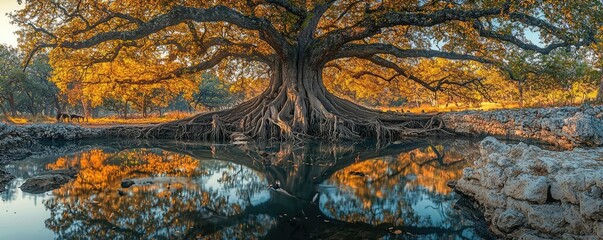 Poster - Majestic tree with vibrant autumn leaves reflecting in still water.