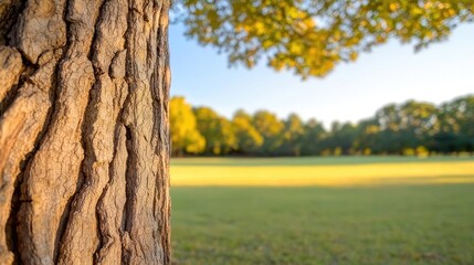 Poster - Close-up of a tree trunk with green grass in a sunny outdoor setting.