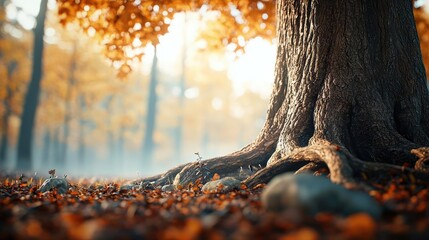 Poster - Close-up of a majestic tree trunk with autumn leaves on a tranquil forest floor.