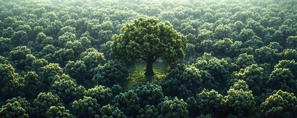 Aufkleber - Lush green forest with a single tree standing out from the dense foliage.