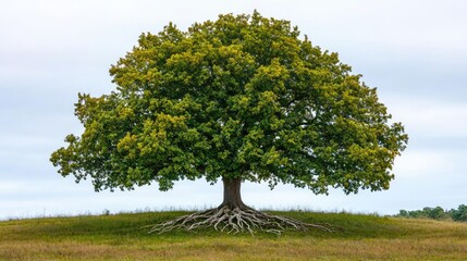 Aufkleber - Single tree with lush foliage and exposed roots in a serene field setting.