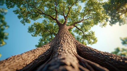 Poster - Tall tree viewed from below with blue sky in background, natural beauty, bright foliage.