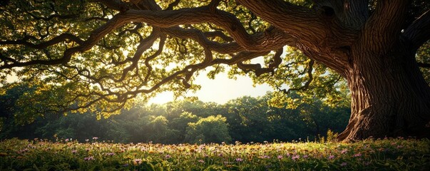 Poster - Majestic tree with sprawling branches in a sunlit forest clearing.