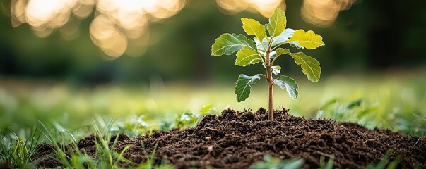 Aufkleber - Young sapling growing in fertile soil during sunset in nature.