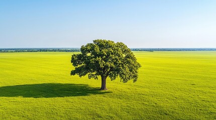 Poster - Lone green tree in expansive green field under clear blue sky.
