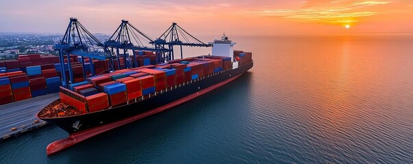 Poster - Container ship at port during sunset, with cranes and cargo in the background.