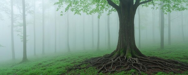 Poster - A majestic tree with visible roots in a foggy forest setting.