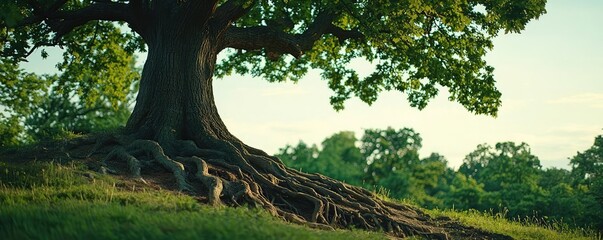 Poster - Mighty tree with exposed roots in lush green landscape under clear blue sky.
