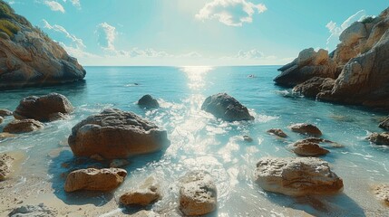 Poster - A beach with sun and rocks, very sunny, blue water, view on horizon.