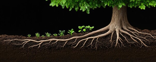 Poster - A tree with visible roots and small plants, dark background.