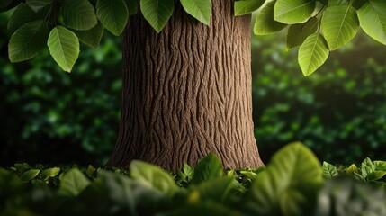 Poster - Tree trunk with textured bark and vibrant green leaves, nature background.