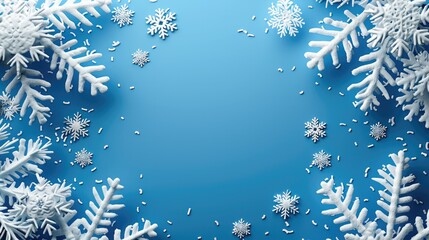 Aufkleber - White snowflakes on a blue background, flat lay, copy space concept for a winter season design template banner. Christmas decoration and New Year celebration.