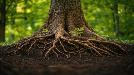 Poster - Tree roots surrounded by green foliage in a lush forest setting.