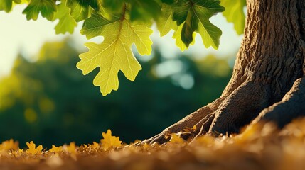 Poster - Oak tree leaves and roots on autumn ground, sunlight filtering through foliage.