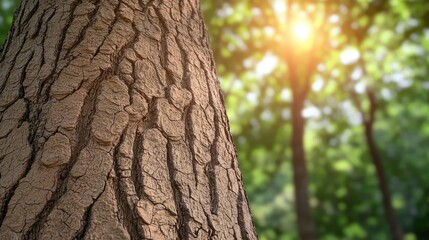 Poster - Close-up of tree bark with sunlight filtering through the lush green forest.