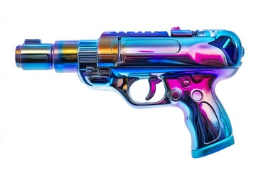 Wall Mural - A conceptual design of a vibrant futuristic gun. The weapon showcases an array of colorful hues and sleek lines. It embodies creativity and innovation. Generative AI.