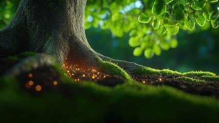 Poster - Enchanted tree roots with glowing elements under lush greenery, serene ecosystem.