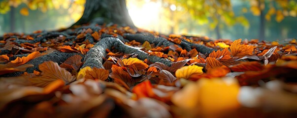 Poster - Autumn leaves covering the ground under a tree with sunlight in the background.
