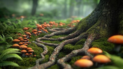 Poster - Forest scene with mushrooms and tree roots amidst lush green foliage.