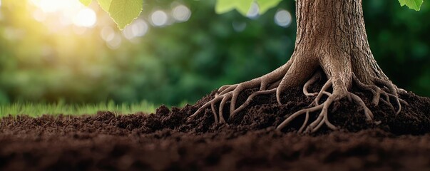 Poster - Tree roots emerging from rich brown soil, with sunlight filtering through leaves.