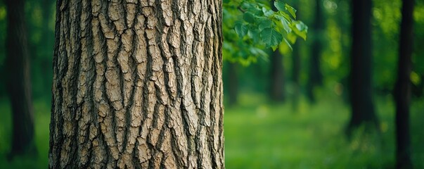 Poster - Tree bark texture with lush green forest in the background.