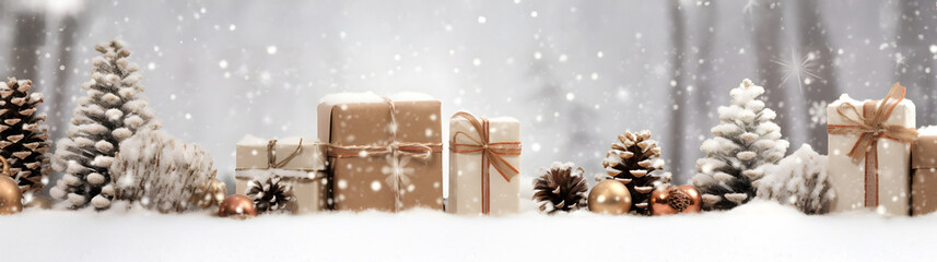 Wall Mural - rustic christmas gifts with brown ribbons, pine cones, spruce and fir branches and decorations in a 