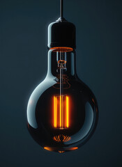 Poster - A black light bulb emphasizing its smooth, glossy surface with a visible orange filament glowing at the center. The bulb is suspended against a dark background, its elegant silhouette.