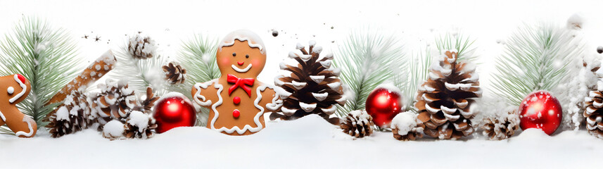 Wall Mural - red christmas balls, gingerbread piece and pine cones in a row with trees covered with snow and snow
