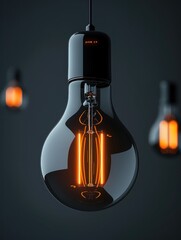 Poster - A black light bulb emphasizing its smooth, glossy surface with a visible orange filament glowing at the center. The bulb is suspended against a dark background, its elegant silhouette.