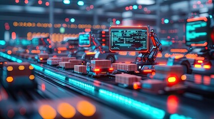 Aufkleber - Robotic assembly line with glowing screens and packages on a conveyor belt, futuristic setting.