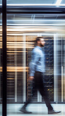 Poster - Motion-blurred it technician inspecting server racks and cabinets in a modern data center