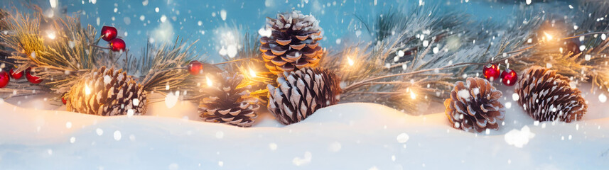 Wall Mural - colorful christmas balls and lights in a row with pine cones and branches covered with snow and snow