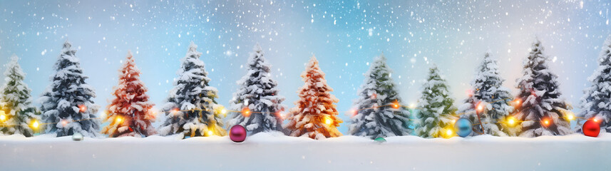 Wall Mural - colorful christmas trees and lights in a row with pine cones and branches covered with snow and snow
