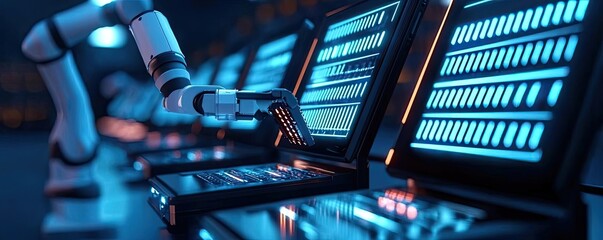 Poster - High-tech robotic arm operating control panels in a futuristic environment.