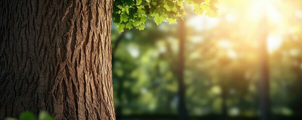 Poster - Close-up of tree bark with sunlight filtering through leaves in background.