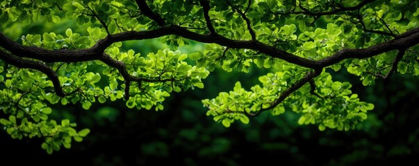 Poster - Close-up of lush green leaves on a tree branch against a dark background.